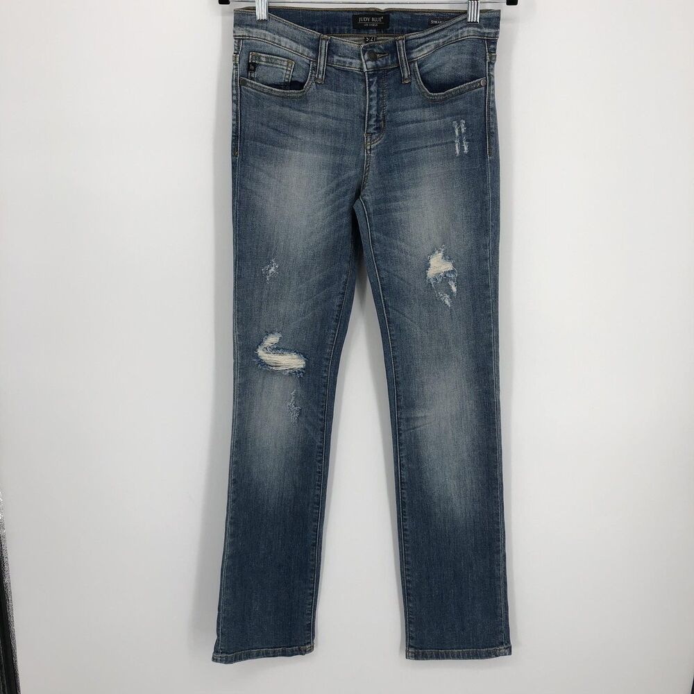 Judy Blue‎ Jeans Womens 5 27 Blue Distressed Straight Fit Mid Rise Denim Stretch